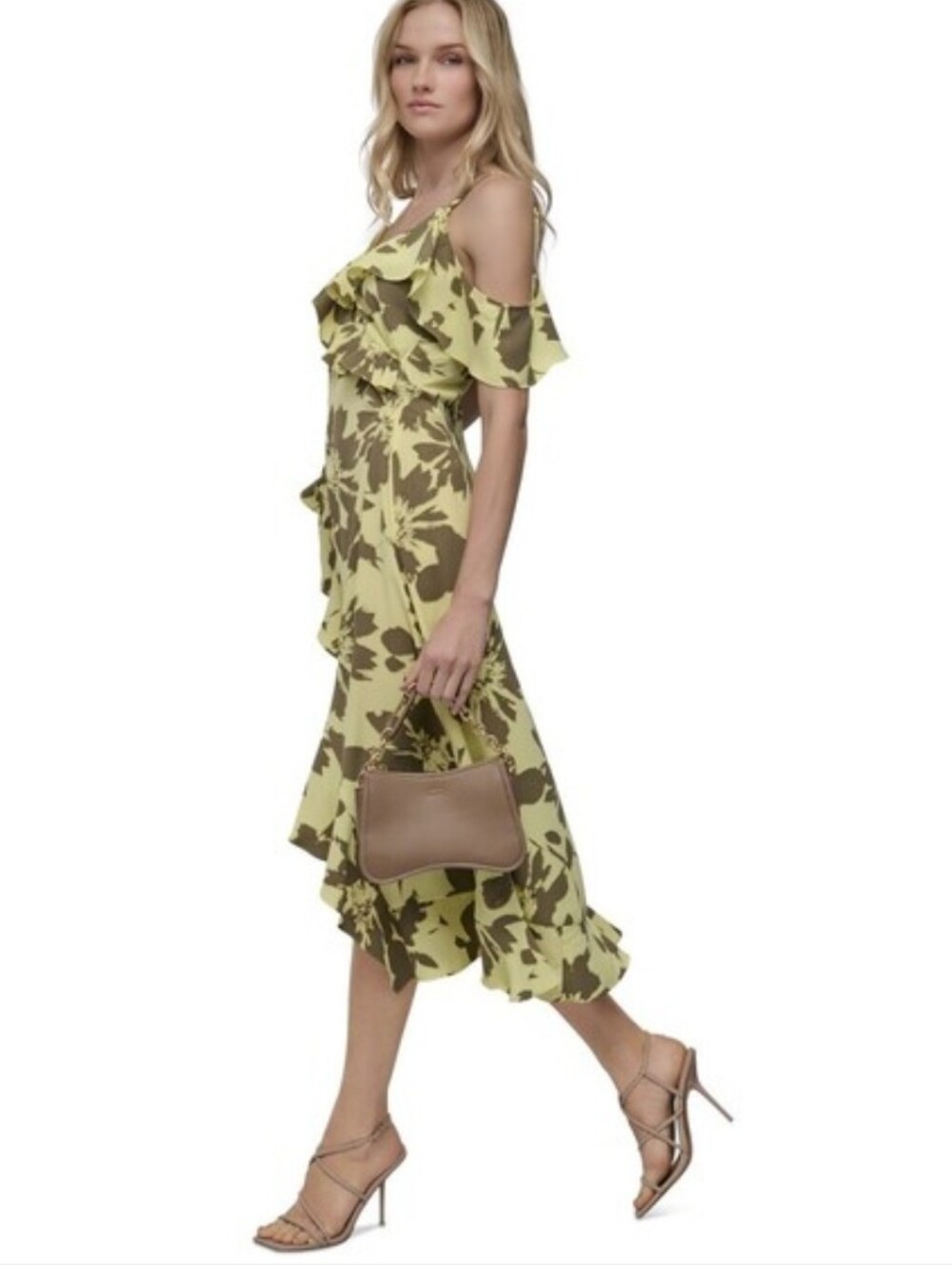 DKNY NWT Floral Ruffle Midi Dress Size 8 Yellow Brown Cold Shoulder $149 Cocktai